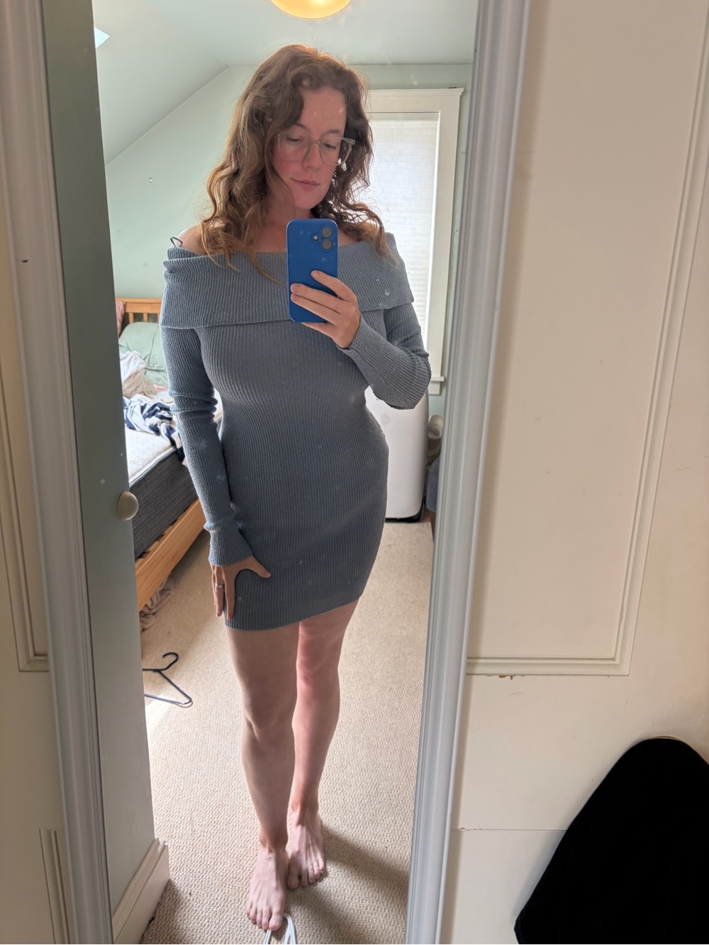 NWT Off-Shoulder Knit Sweater Dress in Dusty Blue, would best fit a M